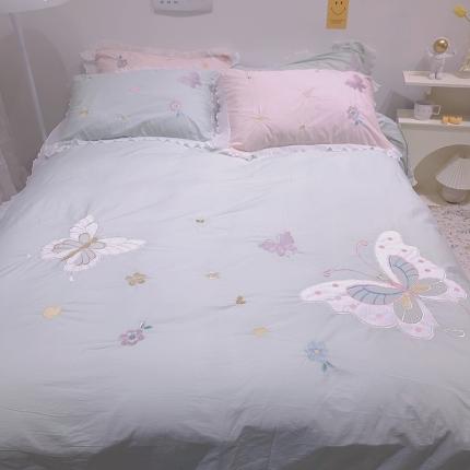 91家纺网 家纺一手货源 找家纺 2023新款A类母婴级全棉水洗棉绣花四件套--蝴蝶夫人系列实拍图 蝴蝶夫人-绿