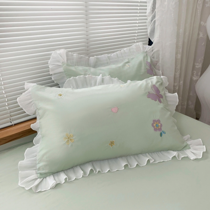 91家纺网 家纺一手货源 找家纺 2023新款A类母婴级全棉水洗棉绣花四件套--蝴蝶夫人系列棚拍图 蝴蝶夫人-绿