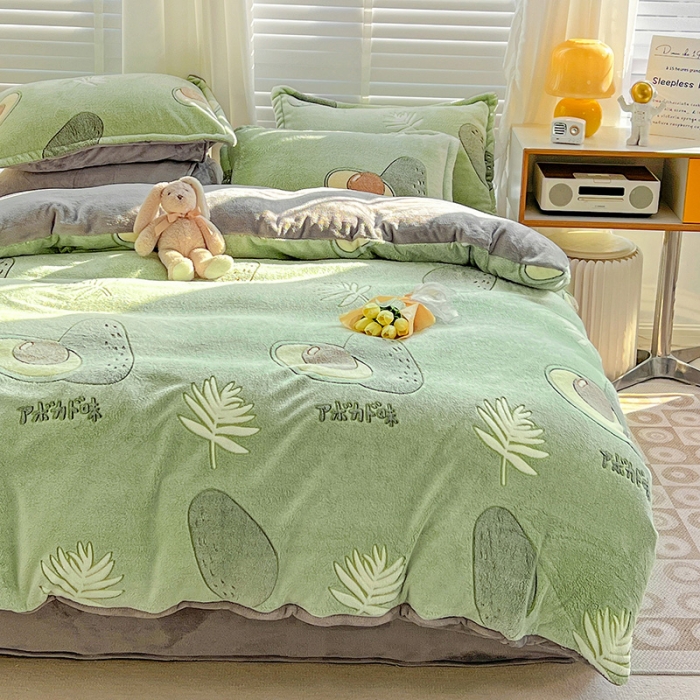 91家纺网 家纺一手货源 找家纺 宜家坊 2023新款高克重立体雪花绒四件套 系列一 爱心牛油果