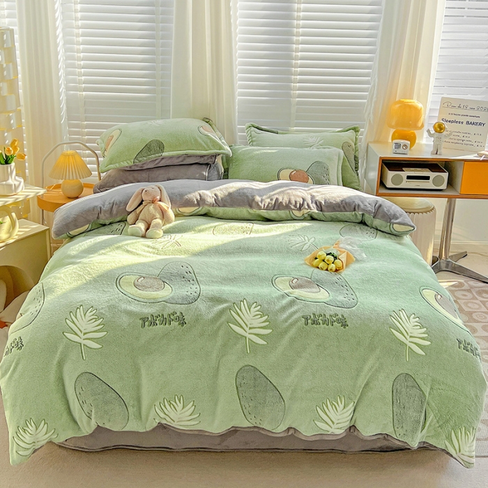 91家纺网 家纺一手货源 找家纺 宜家坊 2023新款高克重立体雪花绒四件套 系列一 爱心牛油果