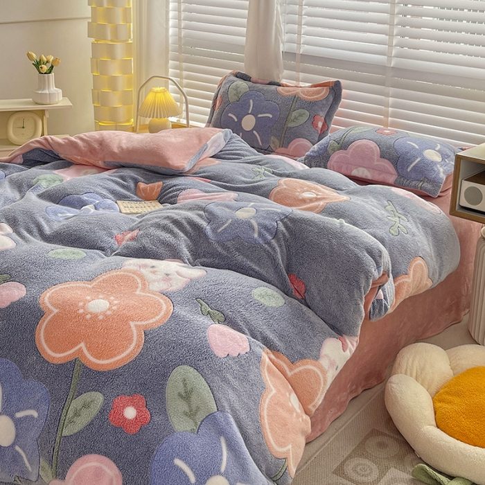 91家纺网 家纺一手货源 找家纺 宜家坊 2023新款高克重立体雪花绒四件套 系列一 太阳花