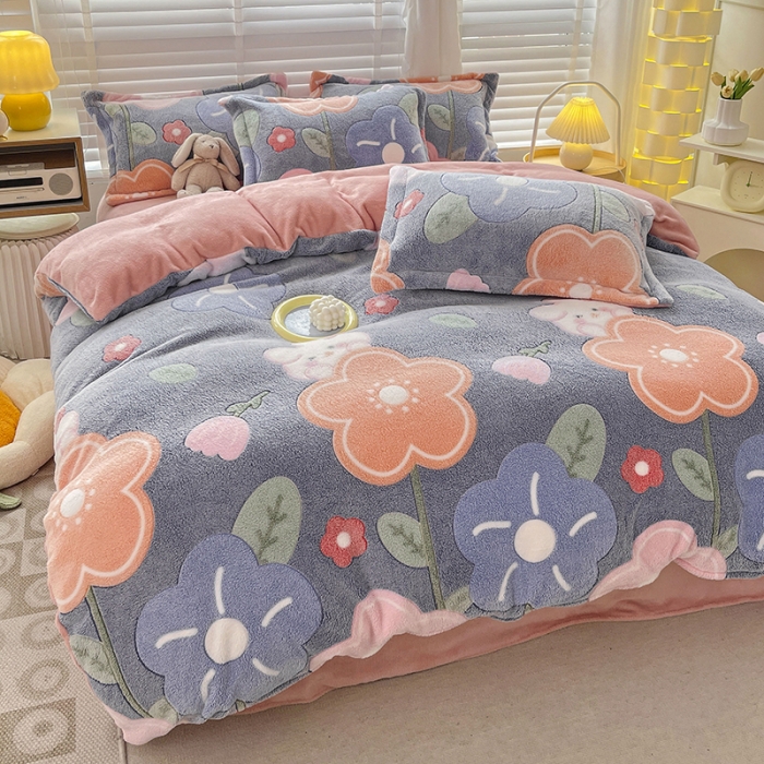 91家纺网 家纺一手货源 找家纺 宜家坊 2023新款高克重立体雪花绒四件套 系列一 太阳花