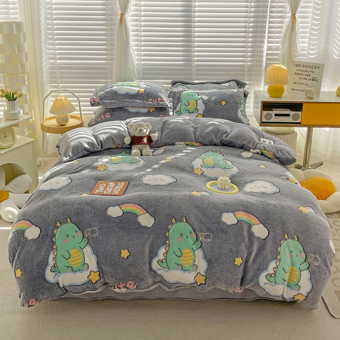 91家纺网 家纺一手货源 找家纺 宜家坊 2023新款高克重立体雪花绒四件套 系列一 小恐龙