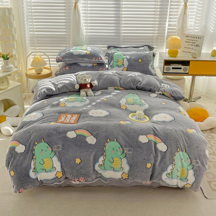 91家纺网 家纺一手货源 找家纺 宜家坊 2023新款高克重立体雪花绒四件套 系列一 小恐龙