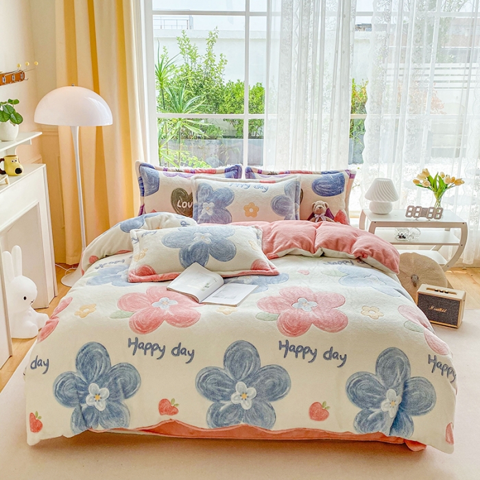 91家纺网 家纺一手货源 找家纺 宜家坊 2023新款高克重立体雪花绒四件套 系列二 缤纷花园