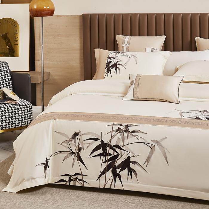 91家纺网 家纺一手货源 找家纺 50S50支澳棉刺绣长绒棉四件套全棉新中式花卉直播爆款线下批发竹报平安