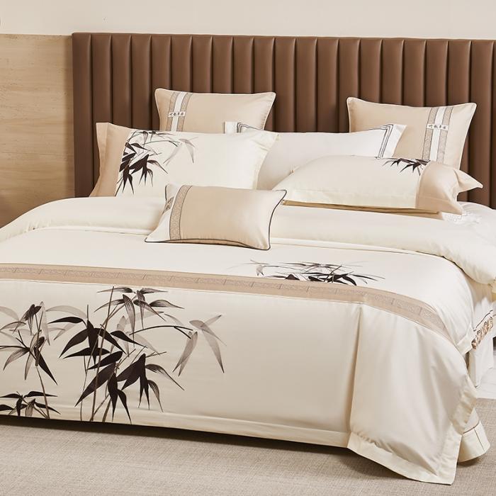 91家纺网 家纺一手货源 找家纺 50S50支澳棉刺绣长绒棉四件套全棉新中式花卉直播爆款线下批发竹报平安