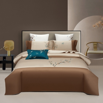 91家纺网 家纺一手货源 找家纺 60支60S长绒棉刺绣四件套全棉直播爆款新中式简约花卉