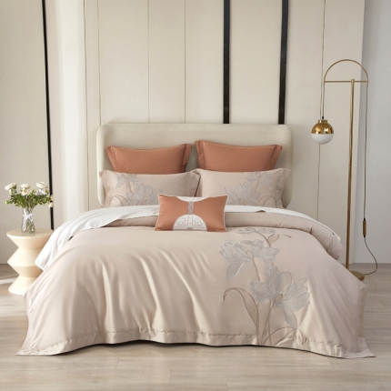 91家纺网 家纺一手货源 找家纺 60支60S长绒棉刺绣四件套全棉直播爆款新中式简约花卉