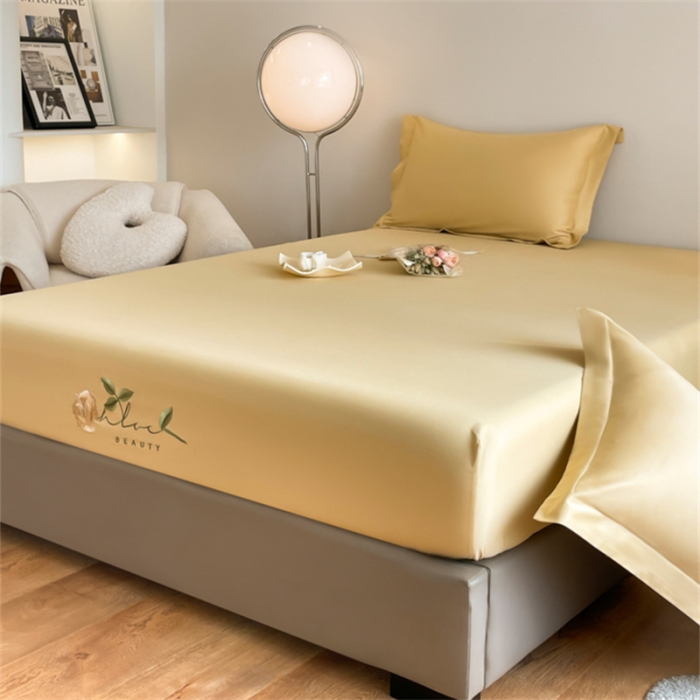 91家纺网 家纺一手货源 找家纺 50支贡缎轻奢刺绣床笠全棉床罩三件套防滑床垫套罩 Laura刺绣-奶茶米