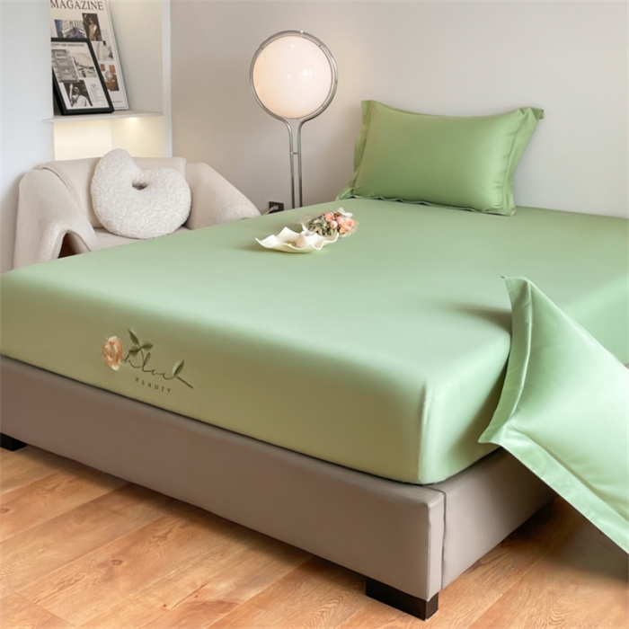 91家纺网 家纺一手货源 找家纺 50支贡缎轻奢刺绣床笠全棉床罩三件套防滑床垫套罩 Laura刺绣-艾绿