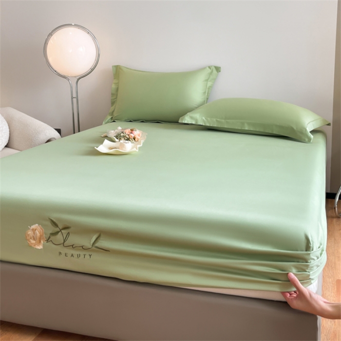 91家纺网 家纺一手货源 找家纺 50支贡缎轻奢刺绣床笠全棉床罩三件套防滑床垫套罩 Laura刺绣-艾绿