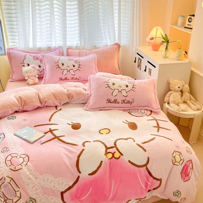 91家纺网 家纺一手货源 找家纺 金爱家 2023新款kt猫大阪加厚牛奶绒系列四件套 宝石kt