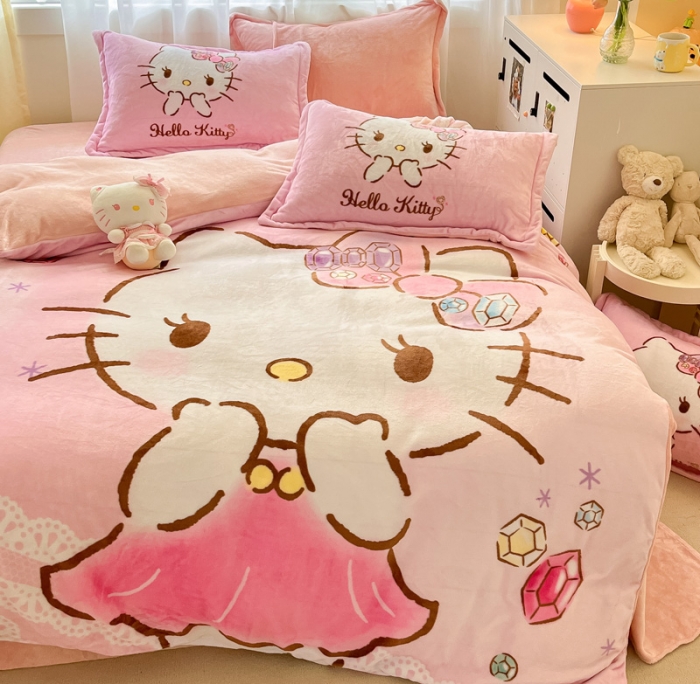 91家纺网 家纺一手货源 找家纺 金爱家 2023新款kt猫大阪加厚牛奶绒系列四件套 宝石kt