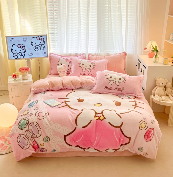 91家纺网 家纺一手货源 找家纺 金爱家 2023新款kt猫大阪加厚牛奶绒系列四件套 宝石kt