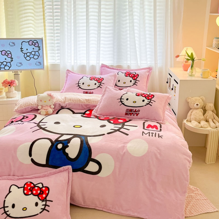 91家纺网 家纺一手货源 找家纺 金爱家 2023新款kt猫大阪加厚牛奶绒系列四件套 波点kt