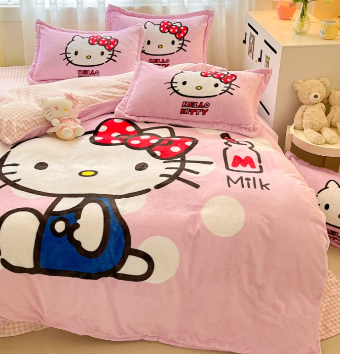 91家纺网 家纺一手货源 找家纺 金爱家 2023新款kt猫大阪加厚牛奶绒系列四件套 波点kt