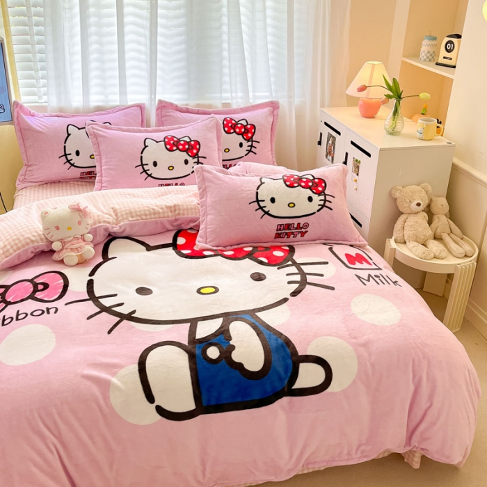 91家纺网 家纺一手货源 找家纺 金爱家 2023新款kt猫大阪加厚牛奶绒系列四件套 波点kt