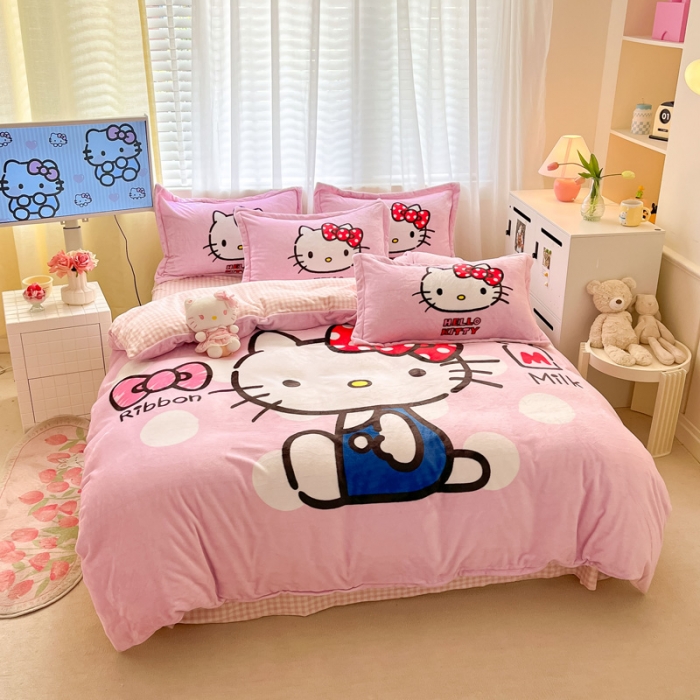 91家纺网 家纺一手货源 找家纺 金爱家 2023新款kt猫大阪加厚牛奶绒系列四件套 波点kt