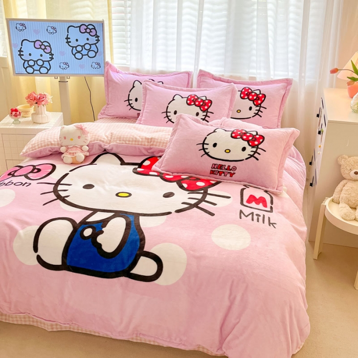 91家纺网 家纺一手货源 找家纺 金爱家 2023新款kt猫大阪加厚牛奶绒系列四件套 波点kt