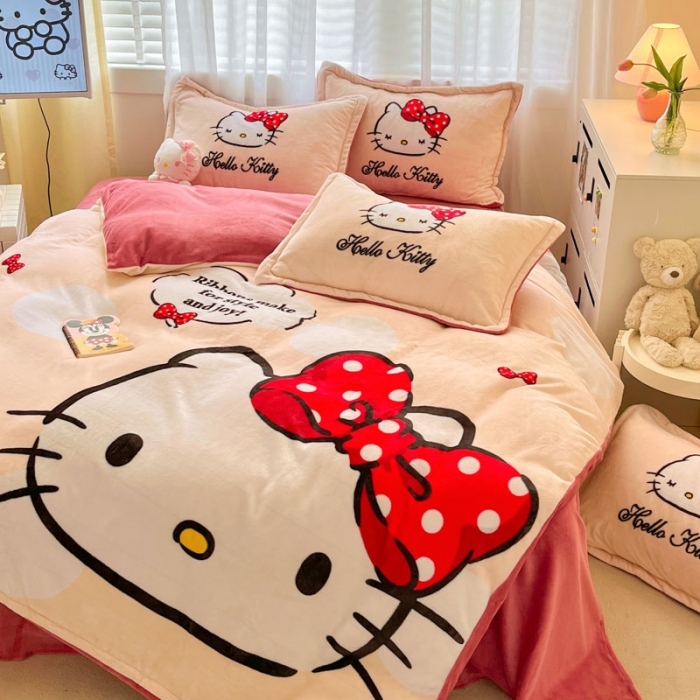 91家纺网 家纺一手货源 找家纺 金爱家 2023新款kt猫大阪加厚牛奶绒系列四件套 蝴蝶kt