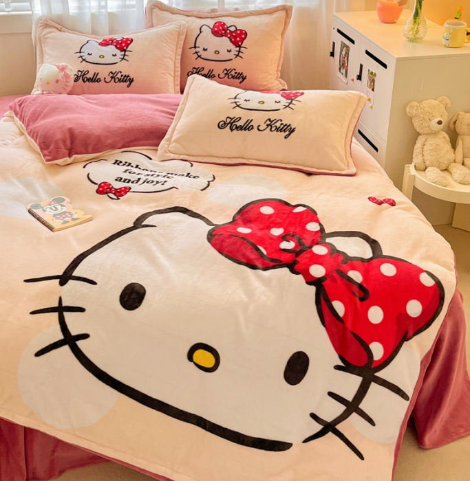 91家纺网 家纺一手货源 找家纺 金爱家 2023新款kt猫大阪加厚牛奶绒系列四件套 蝴蝶kt