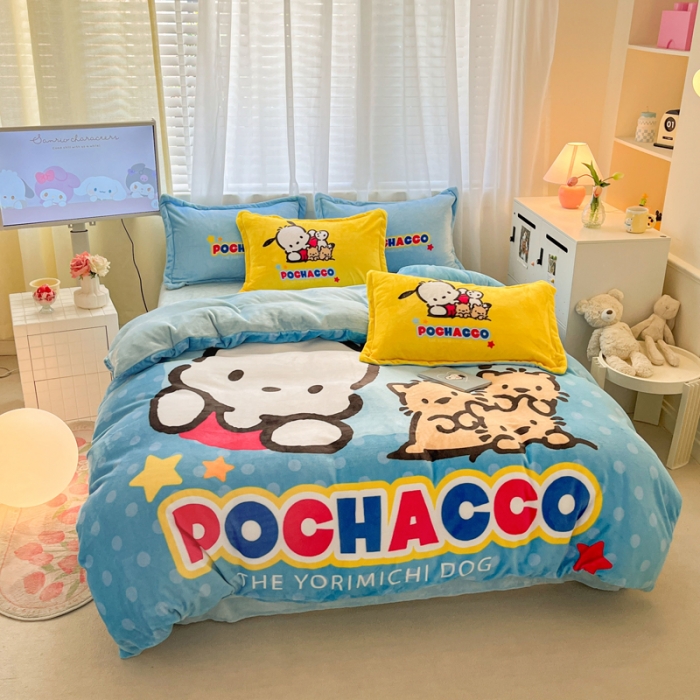 91家纺网 家纺一手货源 找家纺 金爱家 2023新款kt猫大阪加厚牛奶绒系列四件套 欢乐玉桂狗