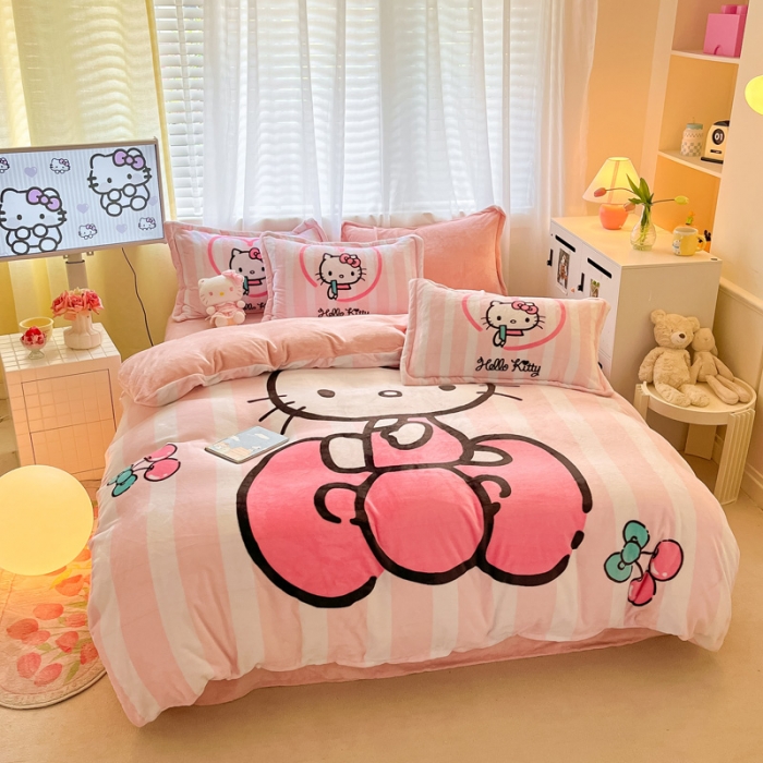 91家纺网 家纺一手货源 找家纺 金爱家 2023新款kt猫大阪加厚牛奶绒系列四件套 樱桃kt