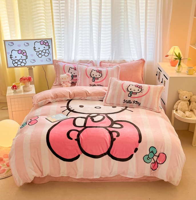 91家纺网 家纺一手货源 找家纺 金爱家 2023新款kt猫大阪加厚牛奶绒系列四件套 樱桃kt