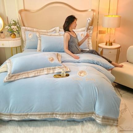 蓝米卡夫 2024新款婴儿绒刺绣四件套 赫本-三亚蓝