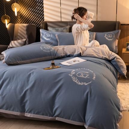 91家纺网 家纺一手货源 找家纺 蓝米卡夫 2024冬季升级款保暖全棉磨毛牛奶绒刺绣四件套 风暴蓝