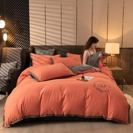 蓝米卡夫 2024冬季升级款保暖全棉磨毛牛奶绒刺绣四件套 天竺橘