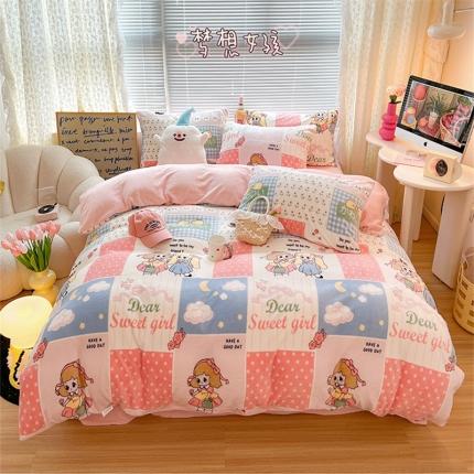 91家纺网 家纺一手货源 找家纺 （总）顾里 2023新款ins少女保暖牛奶绒奶油治 愈系四件套第 一批