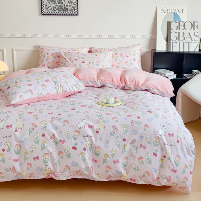 91家纺网 家纺一手货源 找家纺 金鑫汇 新款A版面料+B版高克重牛奶绒四件套棉加绒-荷枝桃桃