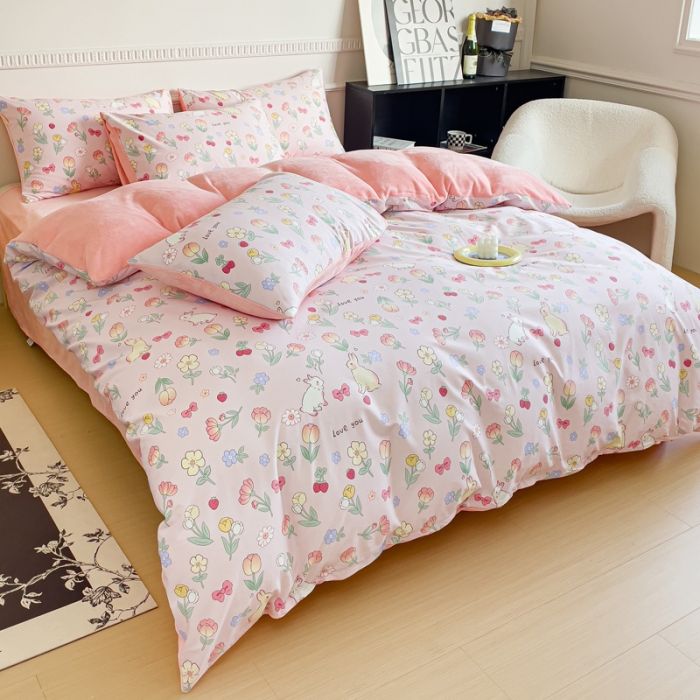 91家纺网 家纺一手货源 找家纺 金鑫汇 新款A版面料+B版高克重牛奶绒四件套棉加绒-荷枝桃桃