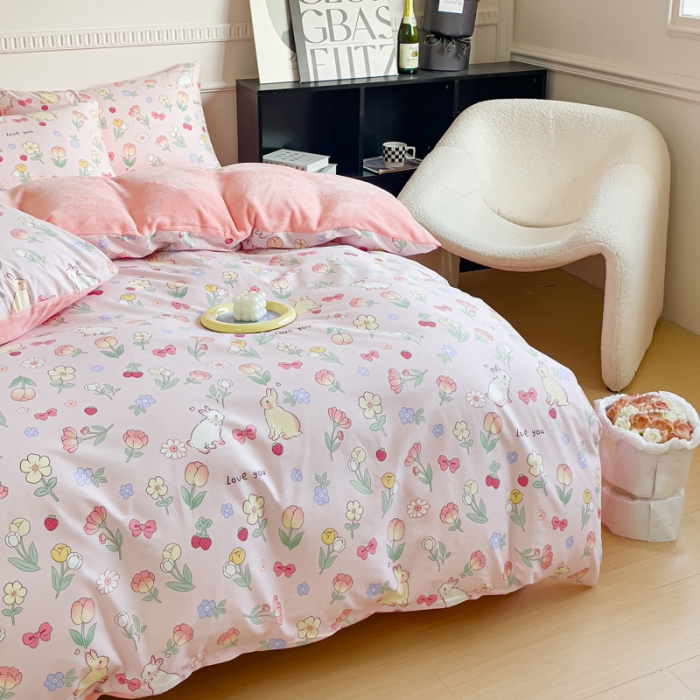 91家纺网 家纺一手货源 找家纺 金鑫汇 新款A版面料+B版高克重牛奶绒四件套棉加绒-荷枝桃桃