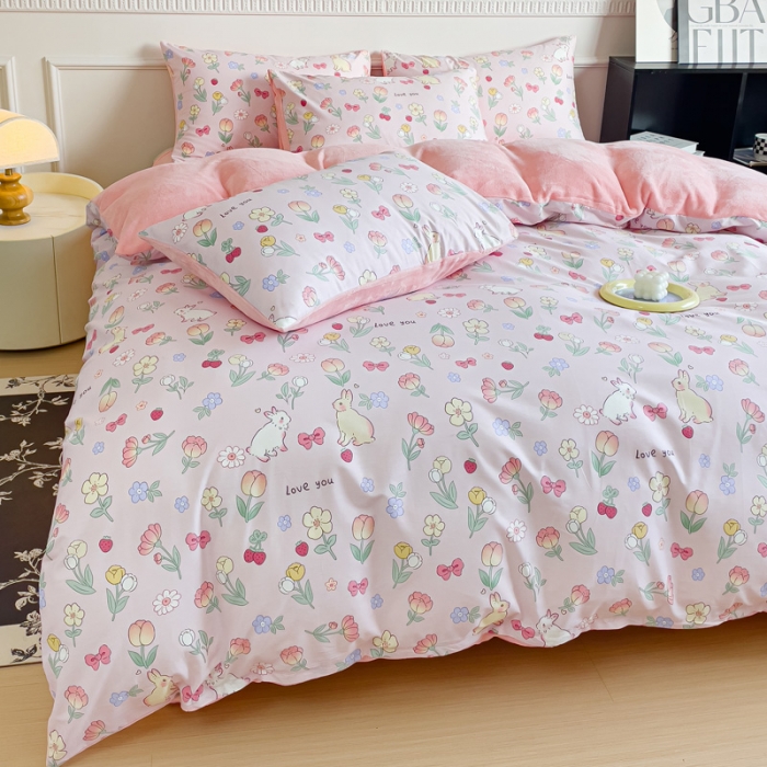 91家纺网 家纺一手货源 找家纺 金鑫汇 新款A版面料+B版高克重牛奶绒四件套棉加绒-荷枝桃桃