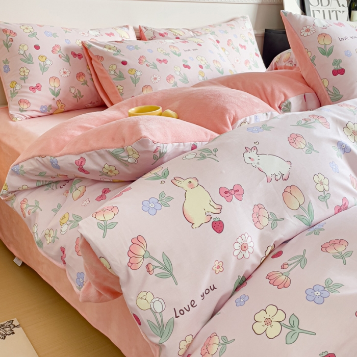 91家纺网 家纺一手货源 找家纺 金鑫汇 新款A版面料+B版高克重牛奶绒四件套棉加绒-荷枝桃桃