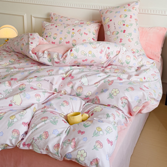 91家纺网 家纺一手货源 找家纺 金鑫汇 新款A版面料+B版高克重牛奶绒四件套棉加绒-荷枝桃桃