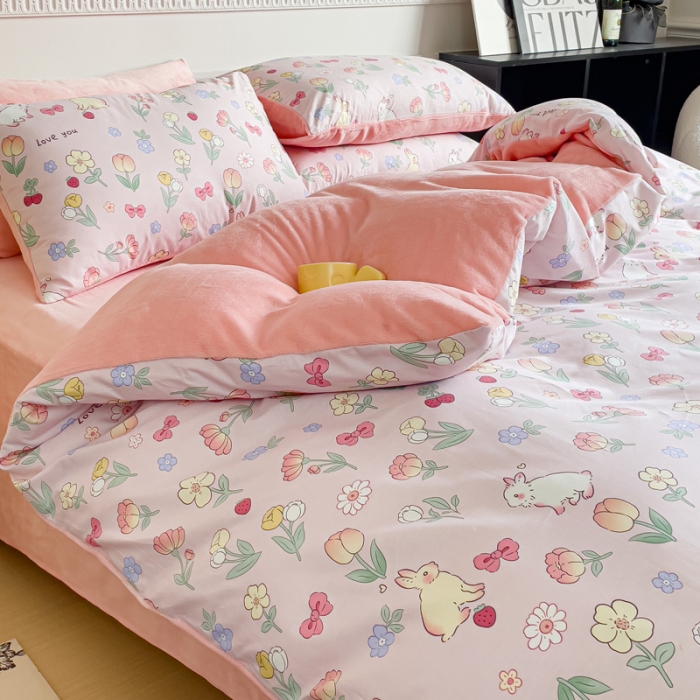 91家纺网 家纺一手货源 找家纺 金鑫汇 新款A版面料+B版高克重牛奶绒四件套棉加绒-荷枝桃桃