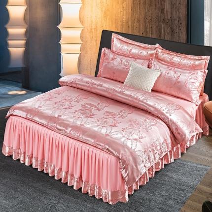 91家纺网 家纺一手货源 找家纺 莱欧纳 2025新款欧式提花床裙四件套 花香娇媚-粉金