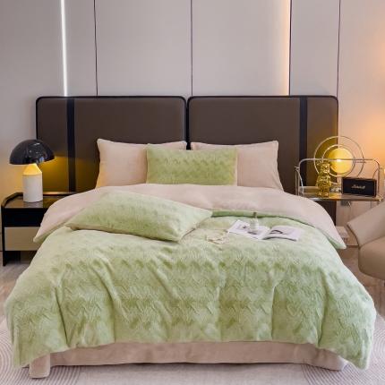 91家纺网 家纺一手货源 找家纺 晚爱家纺 A类獭兔毛绒四件套立体剪花牛奶绒仿皮草兔兔绒 波浪-豆绿