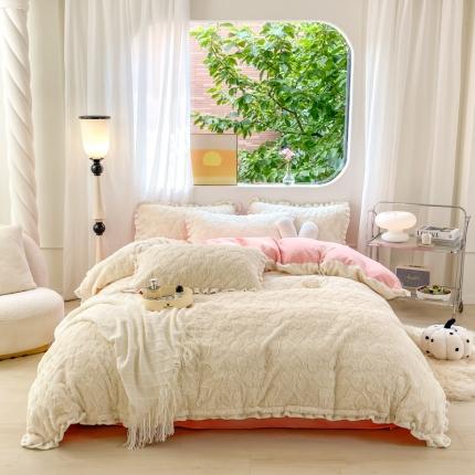 91家纺网 家纺一手货源 找家纺 大米家居 2023新款高克重爱心兔兔绒双层花边多巴胺系列四件套 多巴胺-白