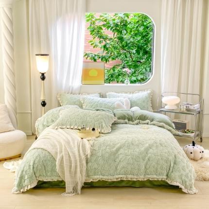 91家纺网 家纺一手货源 找家纺 大米家居 2023新款高克重爱心兔兔绒双层花边多巴胺系列四件套 多巴胺-绿