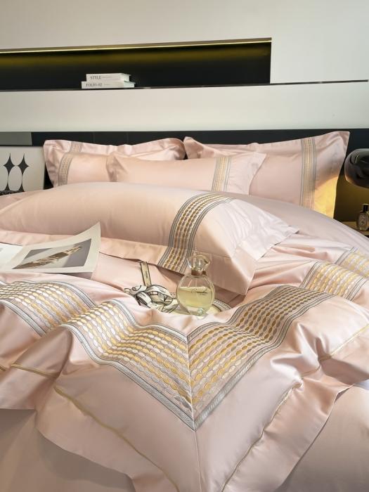91家纺网 家纺一手货源 找家纺 高档礼盒装七星级酒店风双面加密加厚100%纯棉全棉刺绣四件套长绒棉床笠 极光-粉