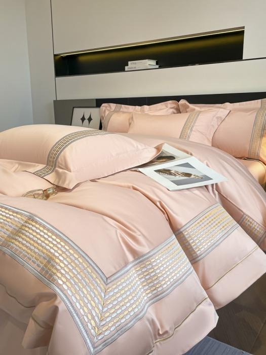 91家纺网 家纺一手货源 找家纺 高档礼盒装七星级酒店风双面加密加厚100%纯棉全棉刺绣四件套长绒棉床笠 极光-粉