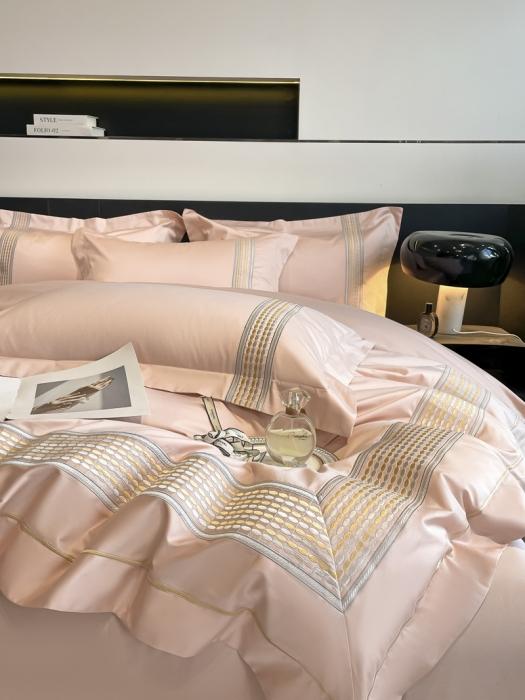 91家纺网 家纺一手货源 找家纺 高档礼盒装七星级酒店风双面加密加厚100%纯棉全棉刺绣四件套长绒棉床笠 极光-粉