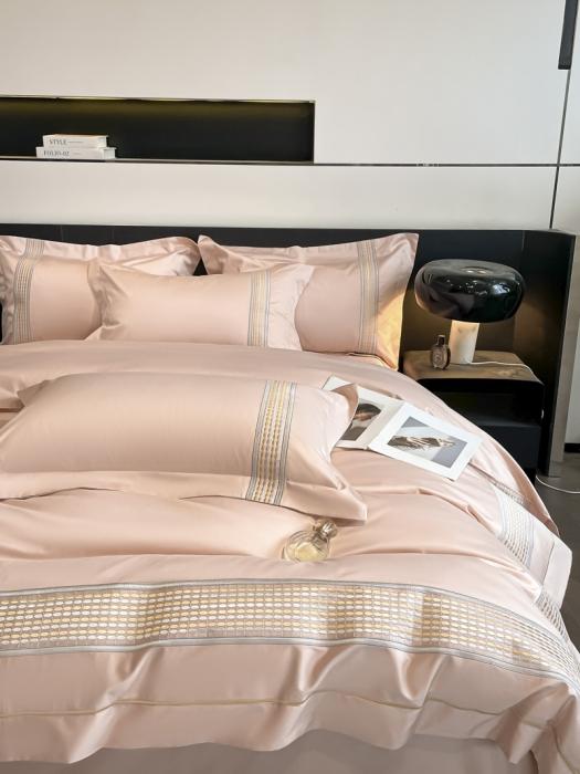 91家纺网 家纺一手货源 找家纺 高档礼盒装七星级酒店风双面加密加厚100%纯棉全棉刺绣四件套长绒棉床笠 极光-粉