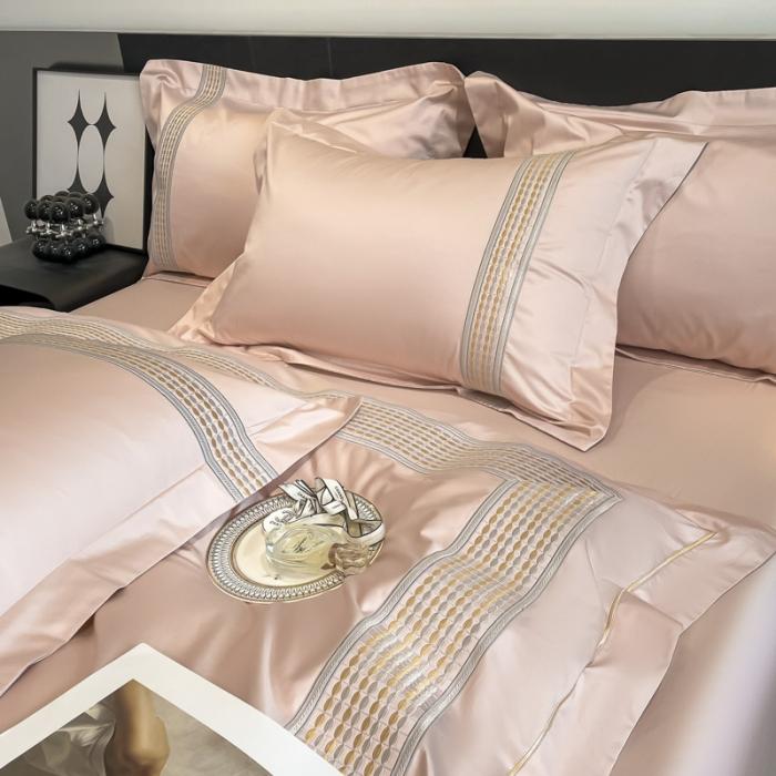 91家纺网 家纺一手货源 找家纺 高档礼盒装七星级酒店风双面加密加厚100%纯棉全棉刺绣四件套长绒棉床笠 极光-粉