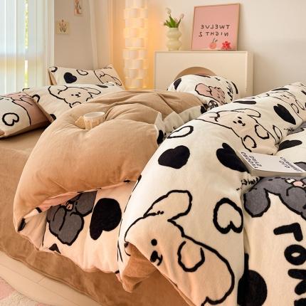 91家纺网 家纺一手货源 找家纺 (总) 卡巴伦 2023新款牛奶绒印花卡通萌趣风四件套